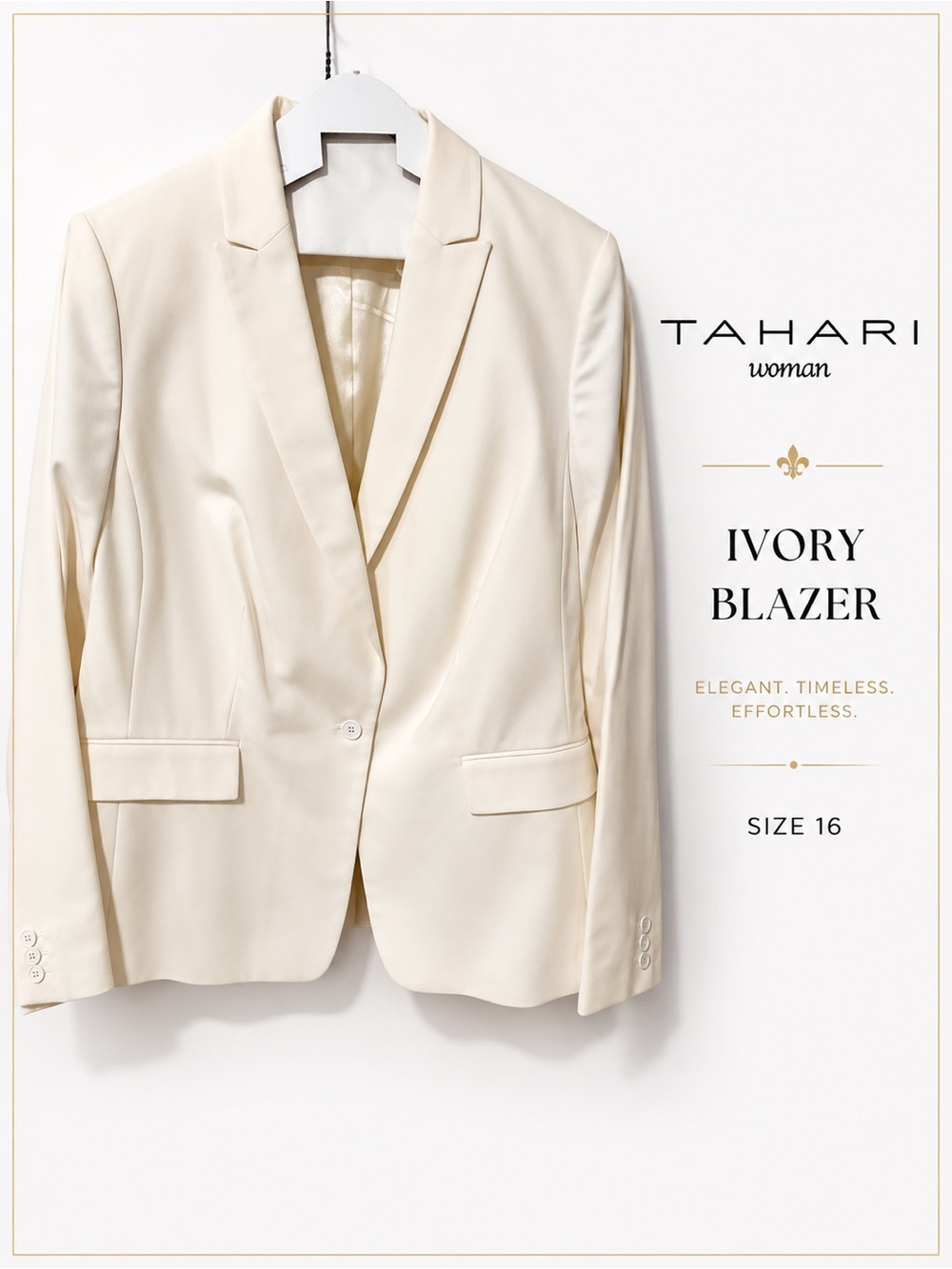 Tahari Woman Ivory One-Button Blazer Jacket Size 16 Elegant Career Chic